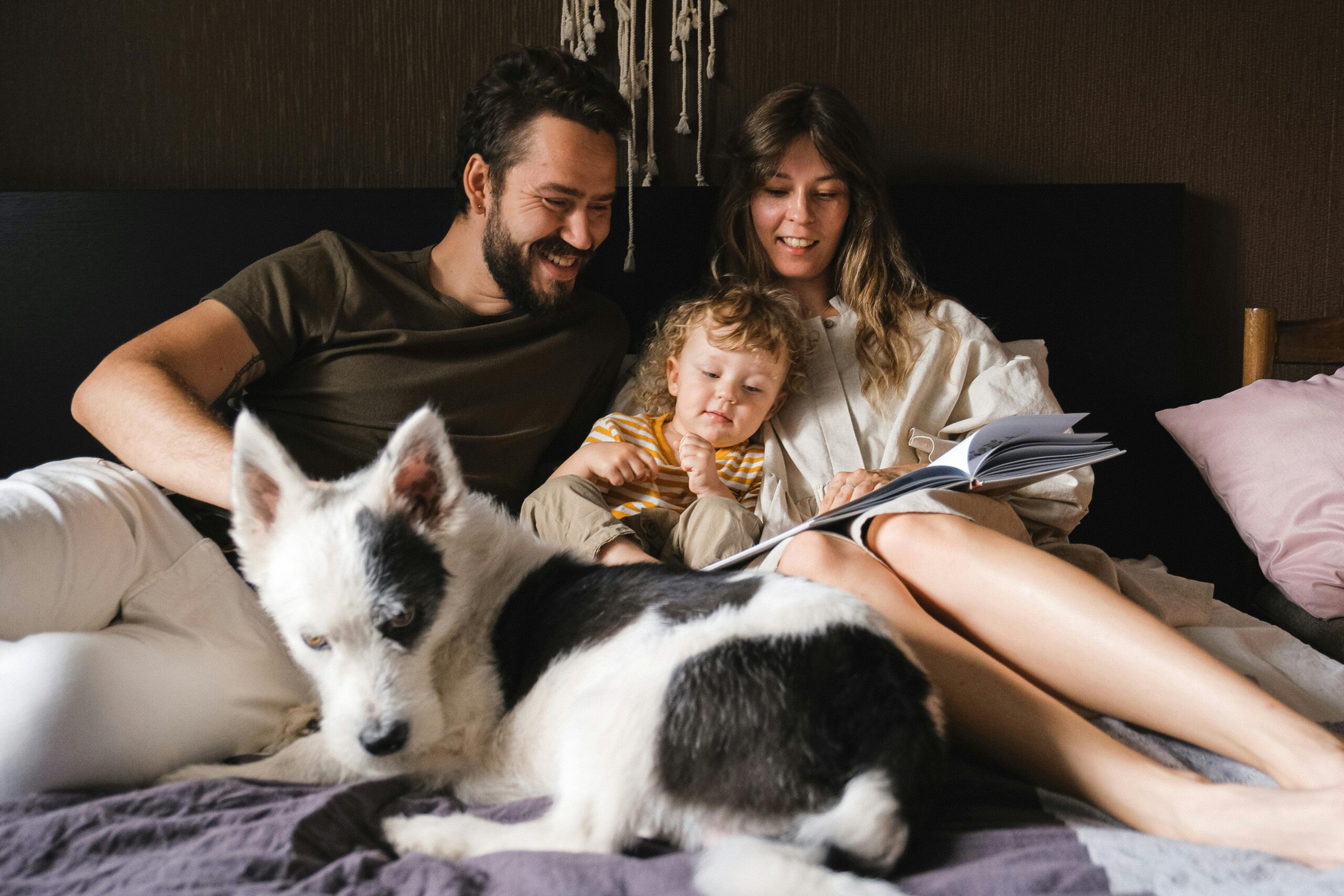 San Diego family relaxing in a spotless bedroom with their dog, highlighting the results of professional cleaning services